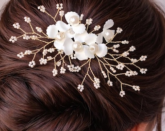Weiße Orchidee Perle Braut Haarspange, elegante Blumen Hochzeit Haarschmuck