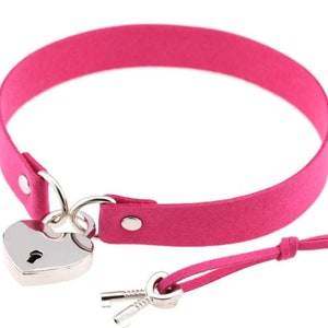 Pink Shammy Leather Choker Necklace for Women, Day Collar Locking Heart, Punk Choker Collar,