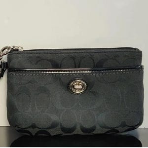 Vintage Coach Black C Canvas Wristlet Wallet, Monogram Zip Clutch Bag