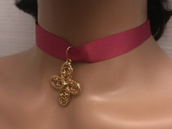 Pink Ribbon Gold Cross Gothic Choker, Filigree Cr… - image 3