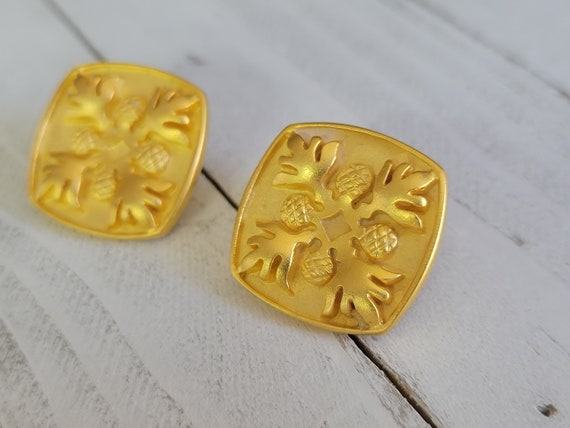 Gold square shaped pine cone earrings, Forest nat… - image 5
