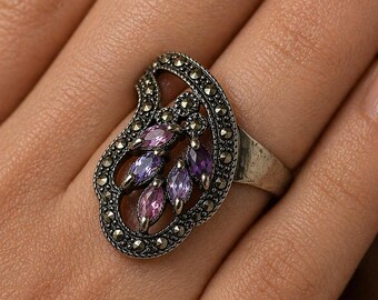 Vintage Markasit Sterling Silber Ring, Pink & Blautopas, Art Deco, Größe 7,5