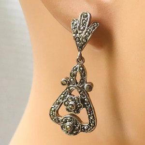 Vintage 925 Sterling Silver Marcasite Earrings, Art Deco Dangle Drop Earrings, antique pierced earrings, marcasite earrings