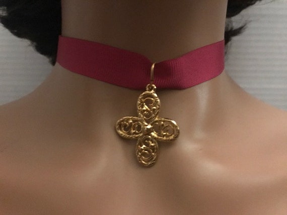 Pink Ribbon Gold Cross Gothic Choker, Filigree Cr… - image 4