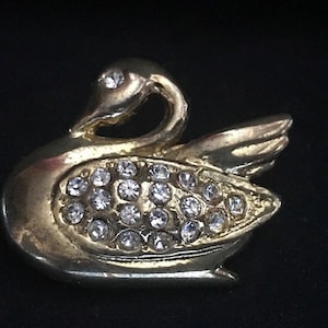 Vintage Gold Swan Brooch with Clear Sparkly Rhinestone, Small Bird Pin, Art Deco Swan Jewelry