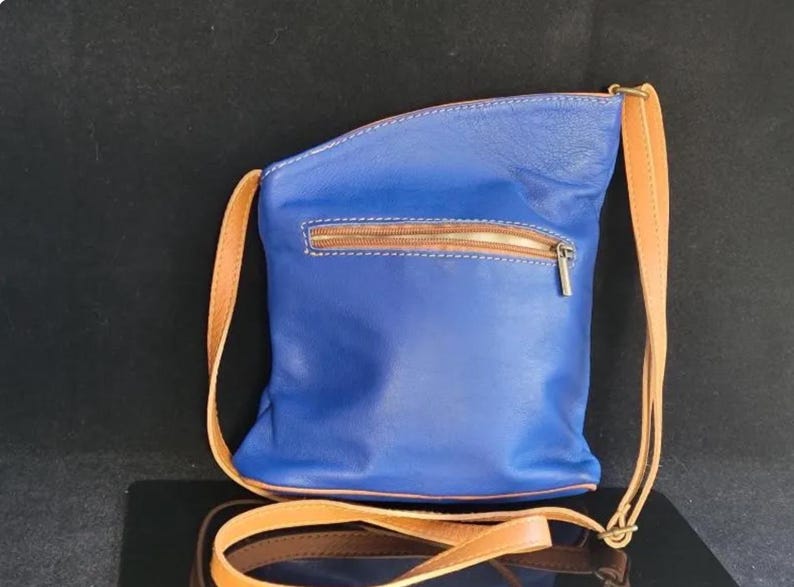 K&ouml;nnte beinhalten: Eine blaue Leder-Umh&auml;ngetasche mit einem beigefarbenen Riemen und Rei&szlig;verschluss. Die Tasche hat eine rechteckige Form mit abgerundeten Kanten. Der Rei&szlig;verschluss ist beige und die N&auml;hte sind wei&szlig;. Die Tasche ist aus glattem Leder.
