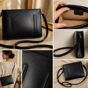 May include: Black crossbody bag with a rectangular shape and a long, adjustable strap. The bag features vertical design elements on the front and a gold-colored zipper. The interior is a light tan color.