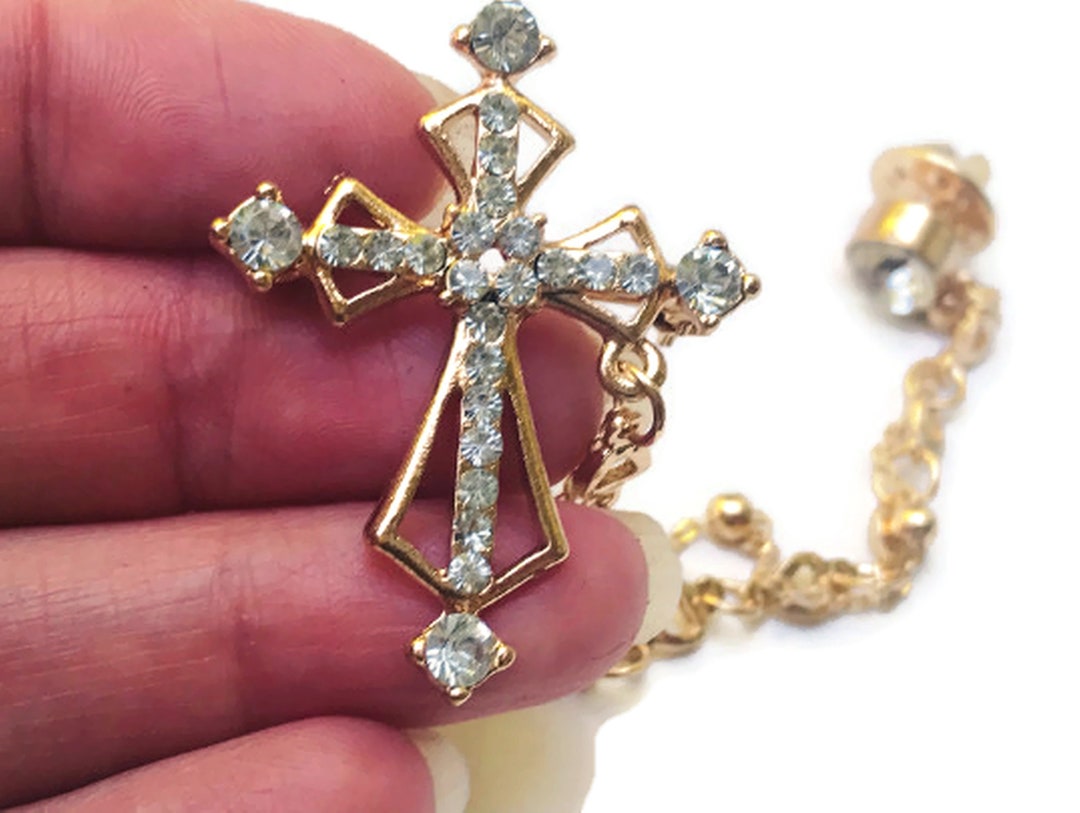 Gold Cross Pin Imperial Chain Brooch Set With Rhinestones Etsy