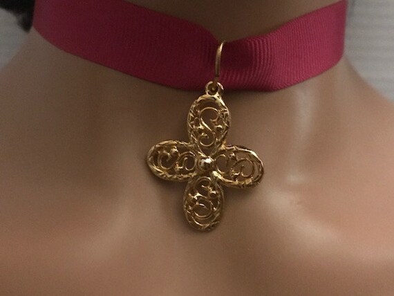 Pink Ribbon Gold Cross Gothic Choker, Filigree Cr… - image 1