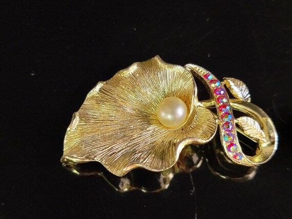 Vintage Calla Lily Brooch Pin,Gold Toned Leaf Pin… - image 3