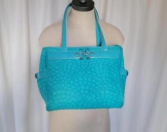 Vintage Vera Bradley Turquoise Quilted Fabric Basket Bag