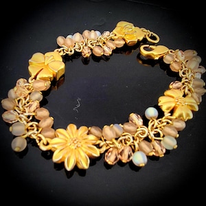 Handmade Gold Floral Charm Bracelet Beaded Boho Chic Gift for Her boho chic jewelry Statement Jewelry, gold flower bracelet