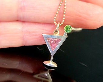 Collar vintage de cristal Swarovski con diseño de martini, joyería juvenil rosa y verde.