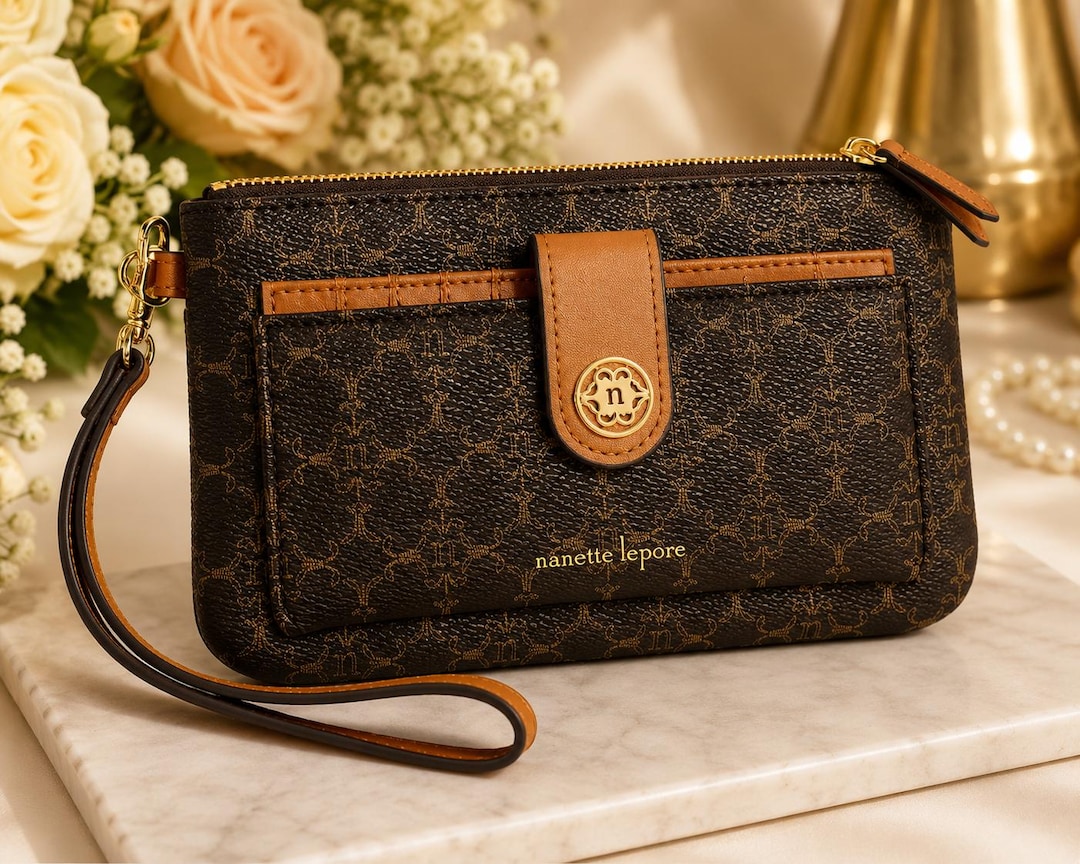 Nanette Lepore Brown Canvas Wristlet — New Zip Wallet Clutch - Etsy