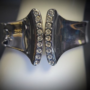 Vintage Chunky Rhinestone Clamper Bracelet | Hinged Cuff Bangle | Silver Tone Thick Bracelet 6&quot; | Crystal Hinge Bracelet Gift for Her