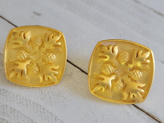 Gold square shaped pine cone earrings, Forest nat… - image 3