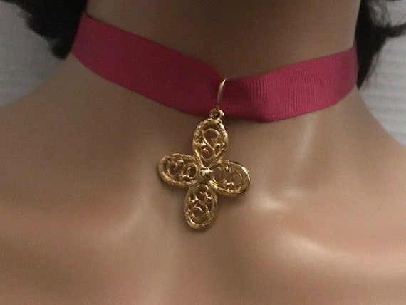 Pink Ribbon Gold Cross Gothic Choker, Filigree Cr… - image 2