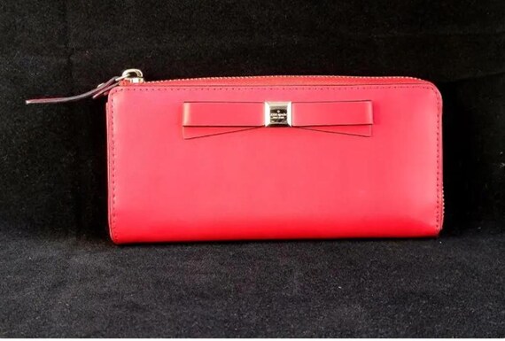 Kate Spade Coral Red Leather Zip Around Wallet, Bow Detail