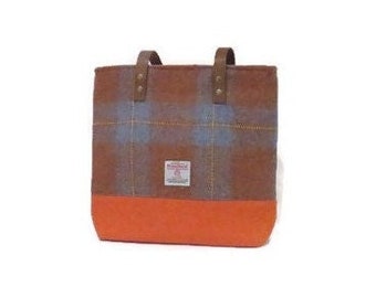 Harris tweed tote bag / brown and orange checked / genuine brown leather straps / Handmade in Scotland
