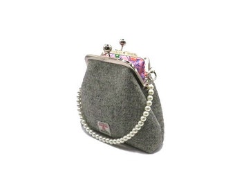 Harris Tweed grey handbag, Harris tweed grey clutch bag with Rose and Hubble cotton lining  , handmade in Scotland