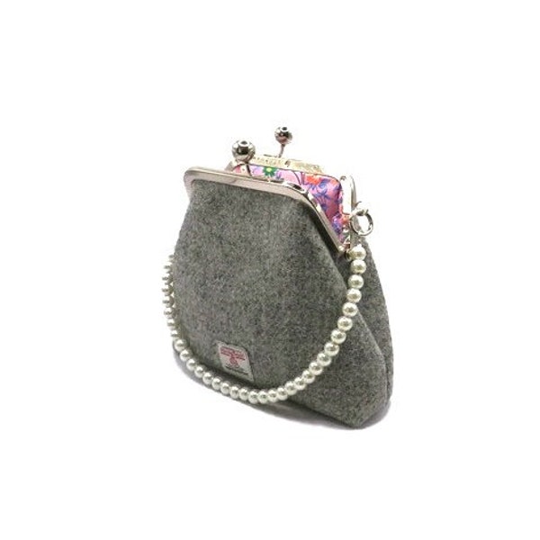 Harris Tweed grey handbag, Harris tweed grey clutch bag with Rose and Hubble cotton lining  , handmade in Scotland