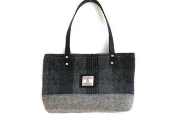 Harris tweed black/grey tote bag with black leather straps , handmade in Scotland, gift for women