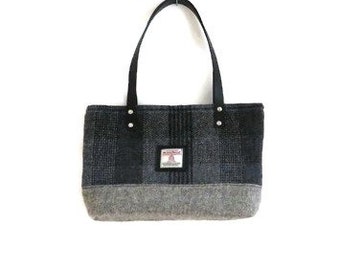 Harris tweed zwart/grijze draagtas met zwarte leren riemen, handgemaakt in Schotland, cadeau voor vrouwen