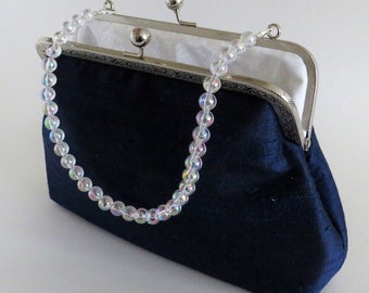 Silk clutch bag Dupion silk handbag in various colours with silver metal strap or pearl or crystal handle, handmade clutch bag