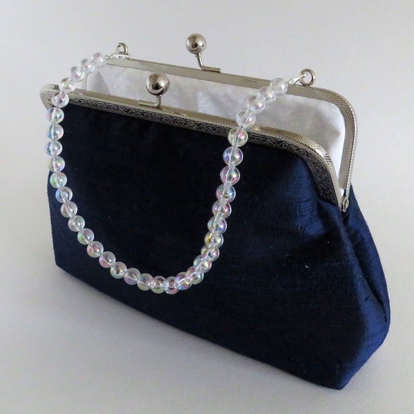 Silk clutch bag Dupion silk handbag in various colours with silver metal strap or pearl or crystal handle, handmade clutch bag