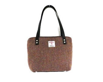 Harris tweed brown tote bag , brown / black herringbone tote bag with top zip and black genuine leather straps , handmade in Scotland