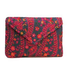 Embroidered taffeta silk envelope bag purse , navy blue embroidered purse / bag embellished with silver, fully lined with a quality cotton