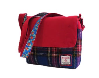 Bolso de hombro artesanal de tartán Harris Tweed, bolso de pura lana hecho a mano en Escocia.