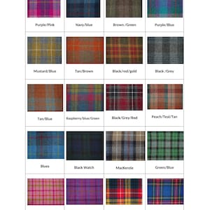 May include: A chart of 12 different plaid patterns, each with a unique colour combination. The patterns include purple and pink, navy blue, brown and green, purple and blue, mustard and blue, tan and brown, black, red, and gold, black and grey, tan and blue, raspberry, blue, and green, black, grey, and red, peach, teal, and tan, blues, black watch, Mackenzie, green and blue, pinks and green, purple and blue, blue, red, and gold, and blue and red.