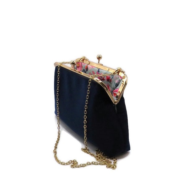 Navy blue velvet handbag , dark blue velvet clutch with rose and hubble cotton floral lining , silver frame and strap or crystal handle.