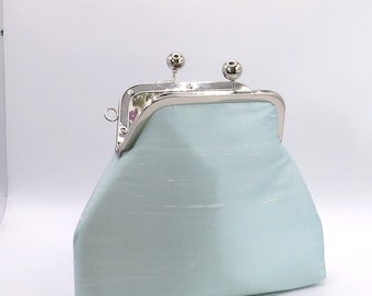 Dupion silk handbag with silver metal strap, handmade silk purse made in Scotland