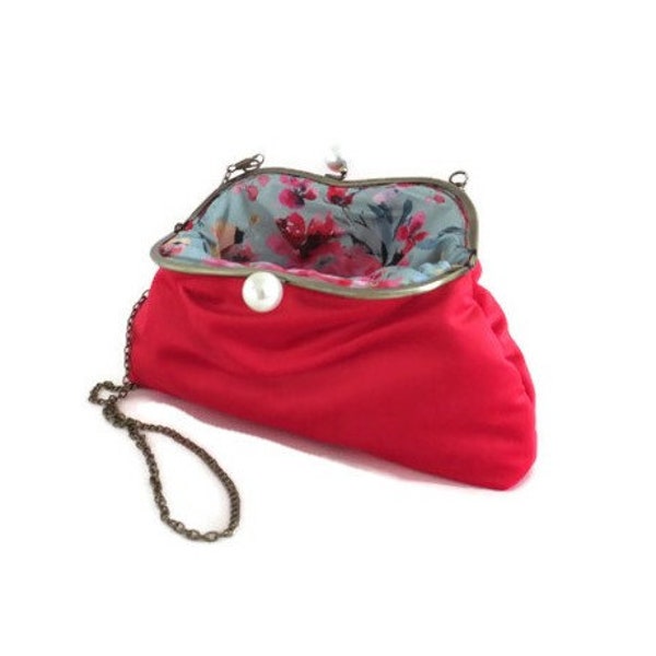 Red velvet handbag, lipstick red clutch bag with a cotton floral lining  , hand made bag, ladies gift