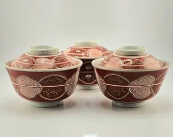 3 Antique Signed Japanese Lidded Imari Bowls from 1850 (24-1232)