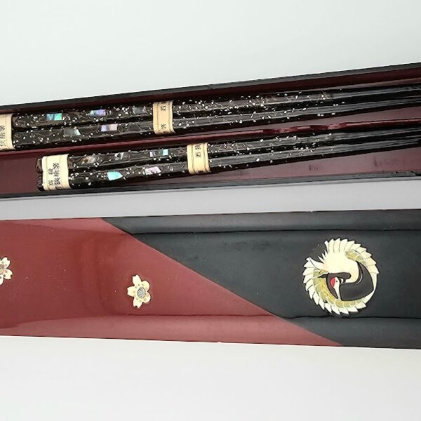 UNUSED Vintage Japanese His & Her Abalone Inlaid Lacquer wood chopstick Box Set