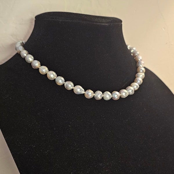 Vintage Silver Blue Baroque 8mm Pearl Choker Necklace w/Silver engraved clasp 16 inches (24-1098)