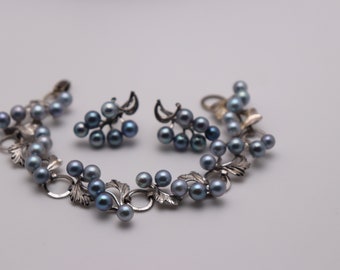 Vintage Sterling and Blue Pearl Bracelet and Screw Back Earrings (24-1086)