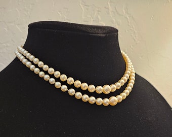 Vintage Double Strand Cultured Akoya Pearl Necklace 14k clasp. 14 & 15 inch strand.  Largest pearl is 7.5 mm (24-1103)