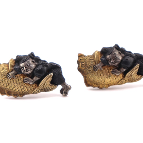 Japanese Menuki cufflinks made from Sword fittings and Silver, Vintage, Rare   (24-1144)