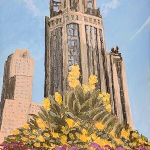 Stampa artistica della Chicago Tribune Tower – Download digitale istantaneo – Arte murale di Chicago, dipinto di paesaggio urbano, stampa architettonica urbana con fiori