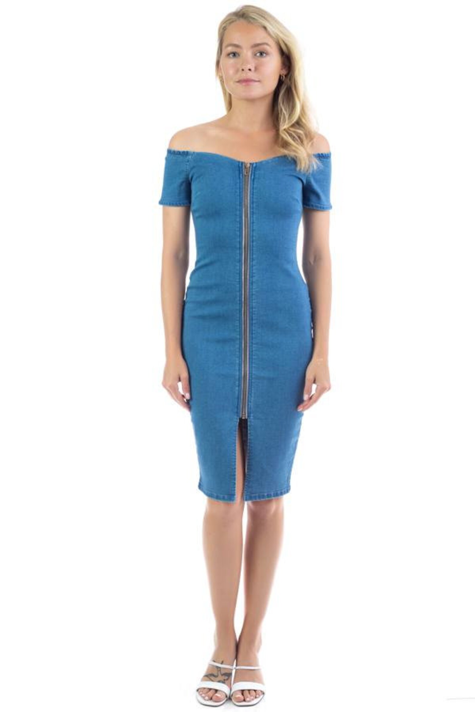 Off Shoulder Zipfront Denim Dress Etsy