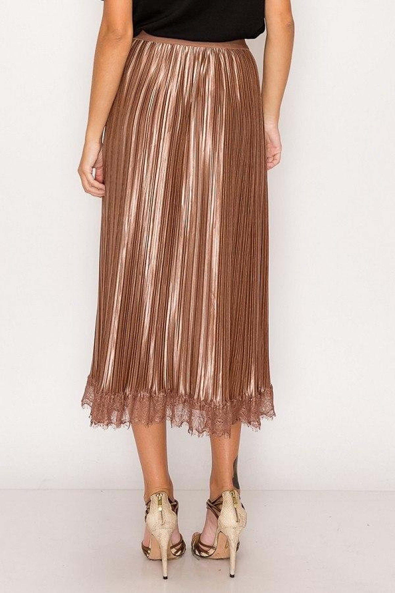 Lace Trim Accordion Pleated Midi Skirt | Etsy