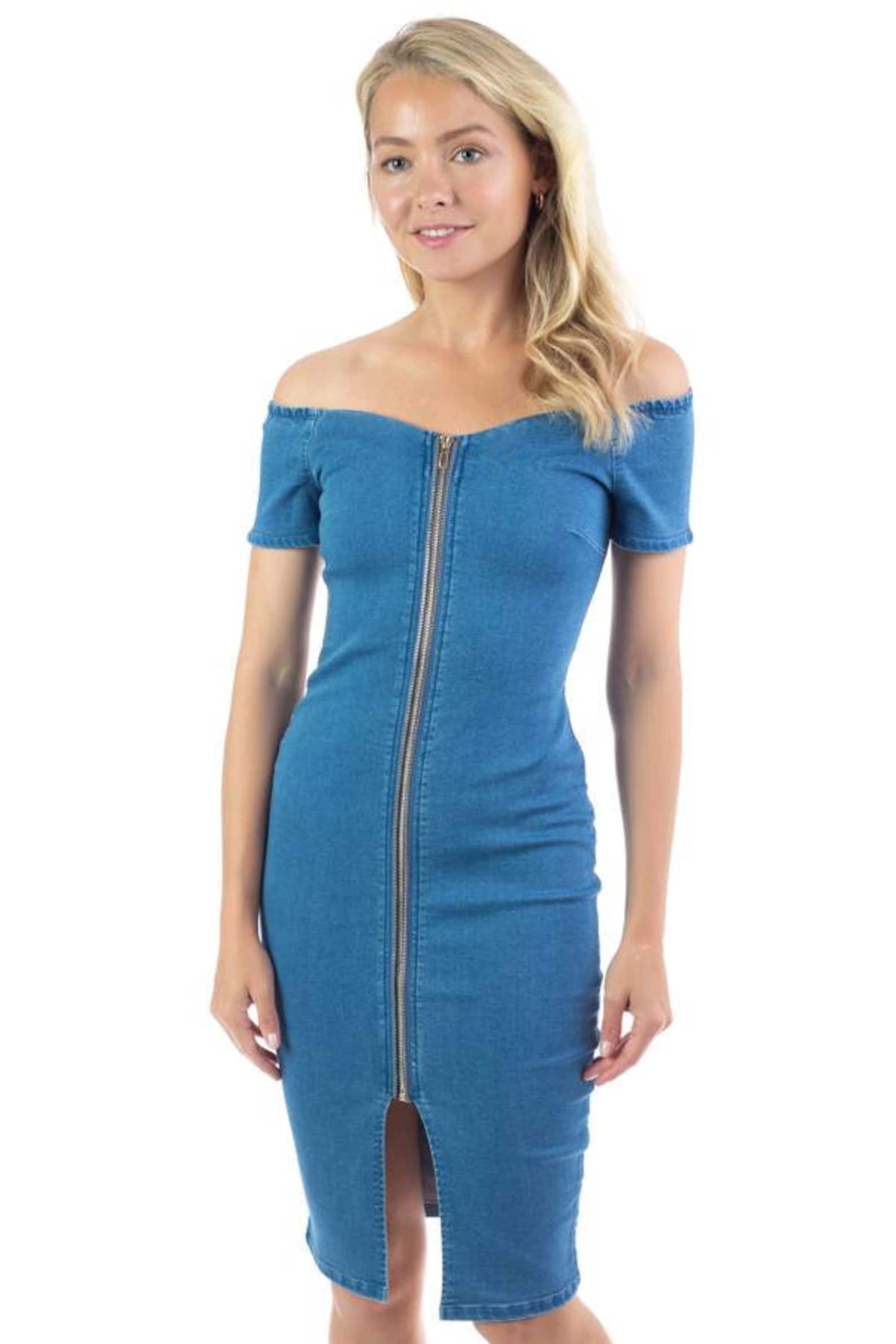 Off Shoulder Zipfront Denim Dress Etsy