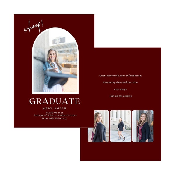 Aggie Maroon Whoop Graduation Announcement Template, Canva Template, Texas A&M Graduation Invitation, Editable Digital Download