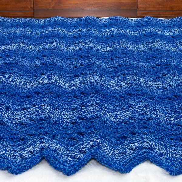 New Hand Crocheted Classic Ripple Design Afghan with Popcorn Stitch/Extra Thick Double Thread/Blue Multi-Colored Afghan/L-68" x W-48" -A24