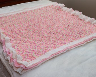 New Hand Crocheted Baby Girl Afghan with Ruffles/Multi-Colored (Pink, Green and White) Afghan with Pink and White Ruffles/L-45" x W-46"