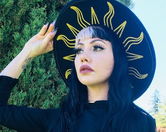 Vegan Felt wide brim  Hat - XL Brim - goth witch fedora hat - Glitter Sunburst